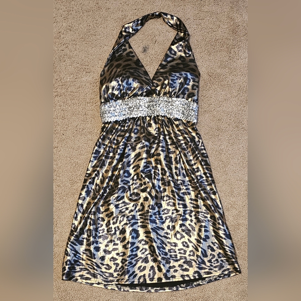 Sequined Metallic Leopard Print Halter Top Mini Dress